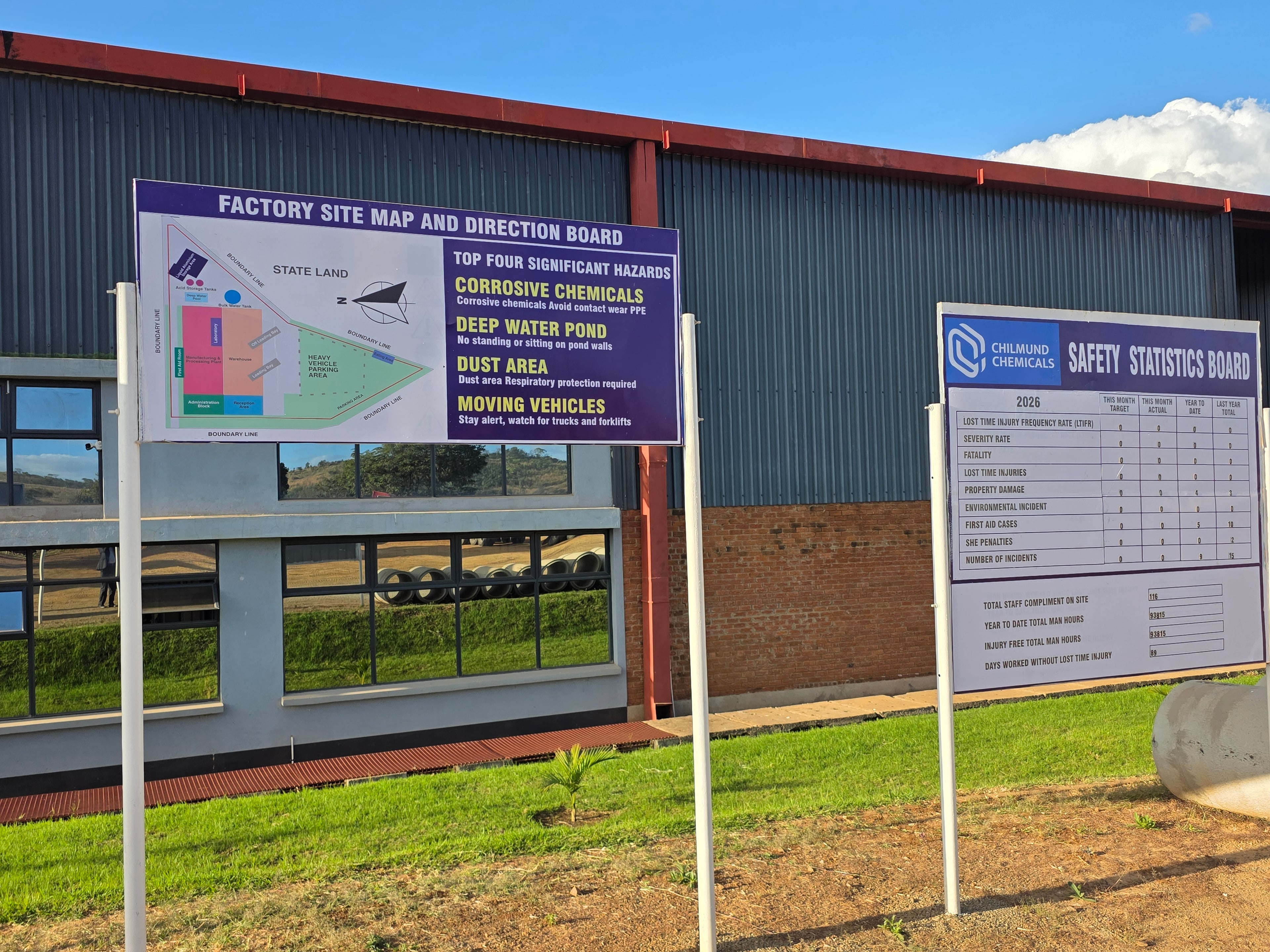 Factory site map, hazard board, and safety statistics display.