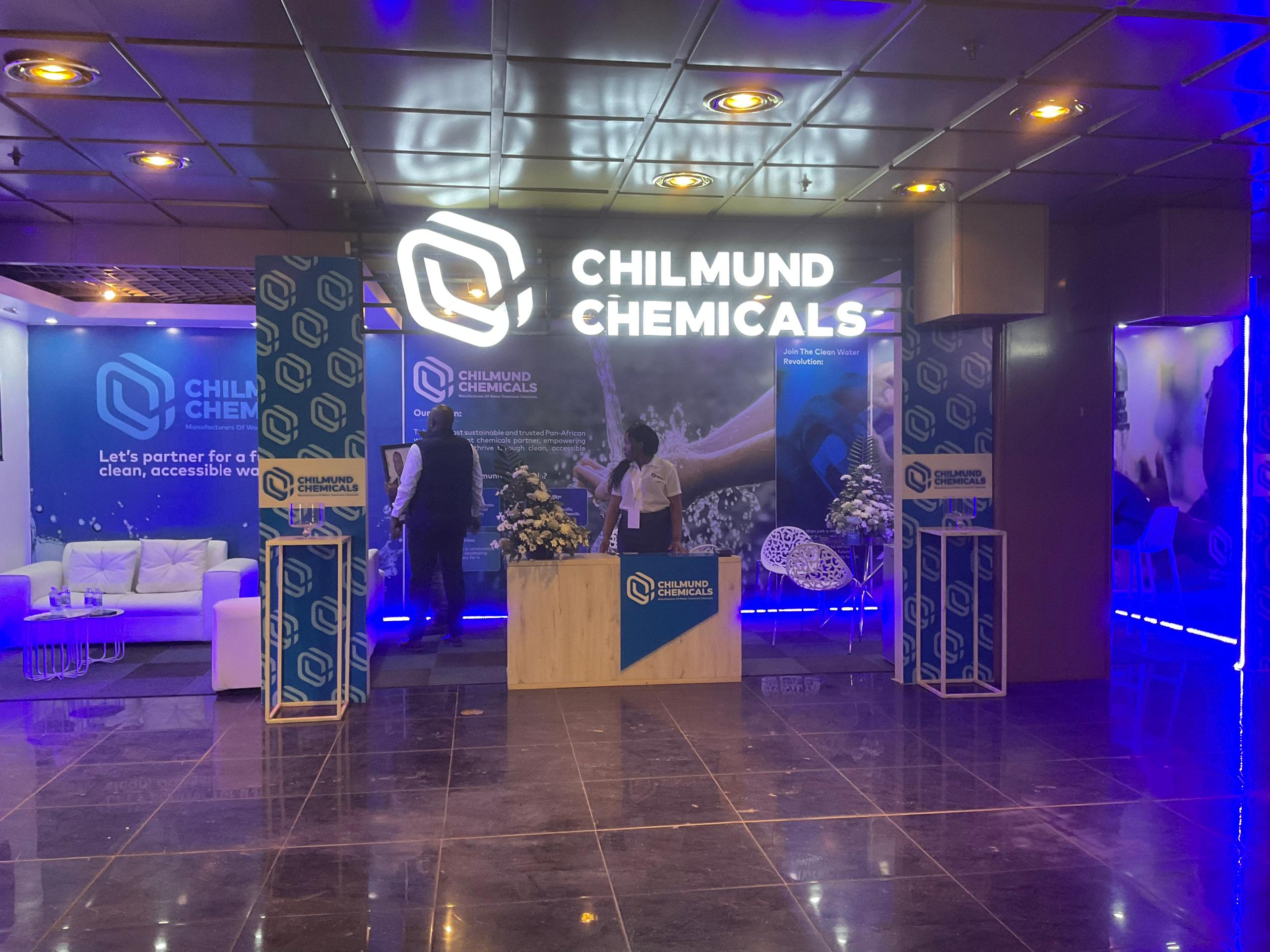 Chilmund Chemicals exhibition stand promoting clean water and responsible operations.