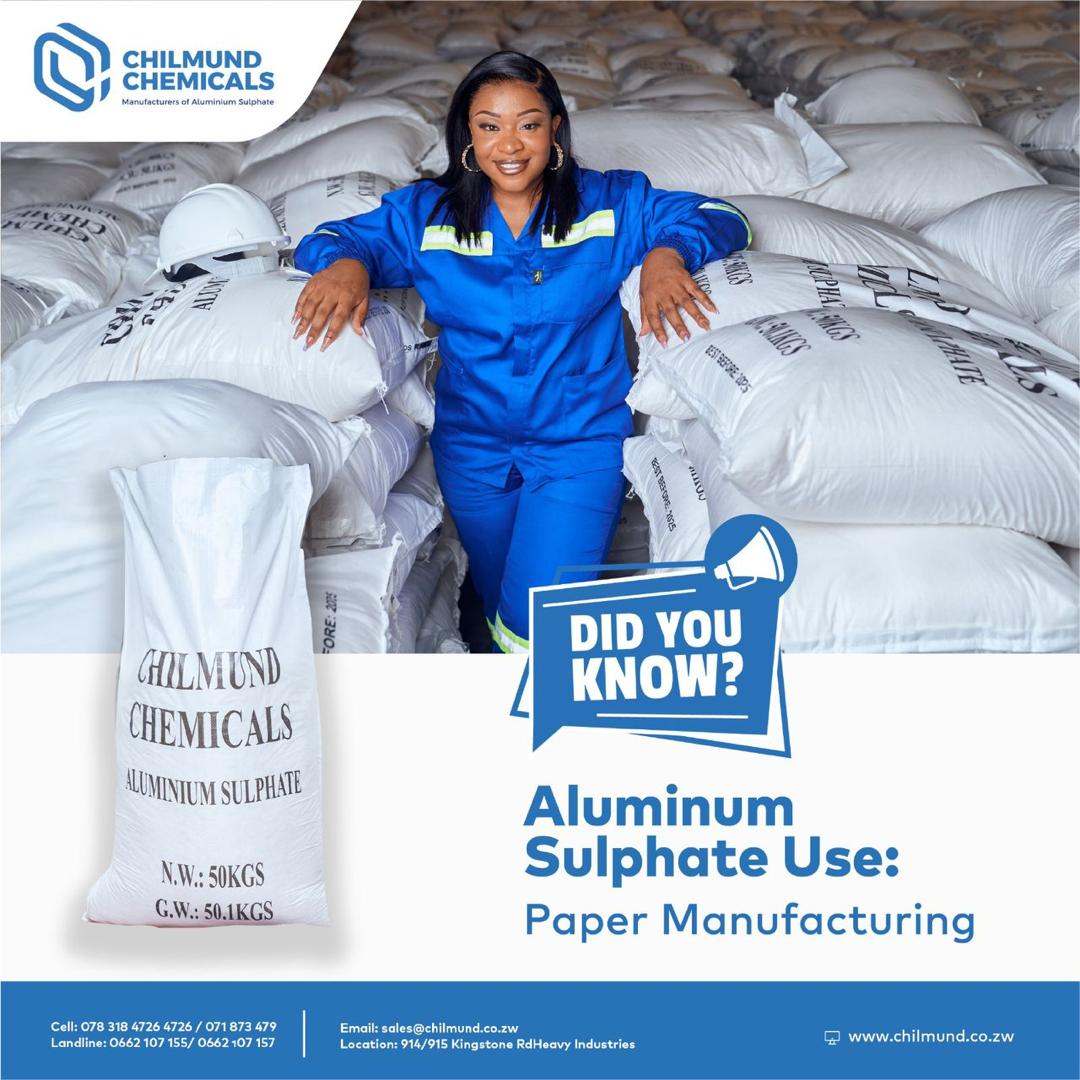 Chilmund team member with aluminium sulphate product bags and usage highlights.